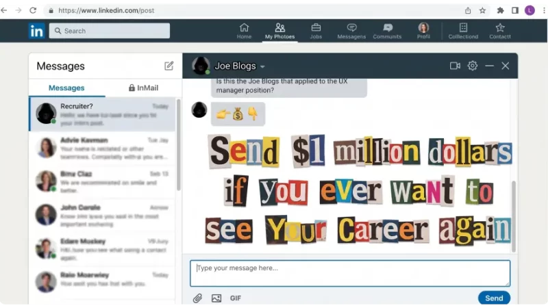 Mock LinkedIn recruiter chat interface showing a hooded scammer profile sending cutout magazine ransom note letters demanding money to see your career again.
