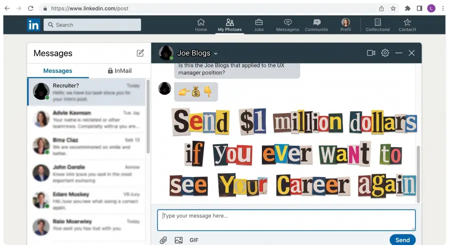 Mock LinkedIn recruiter chat interface showing a hooded scammer profile sending cutout magazine ransom note letters demanding money to see your career again.