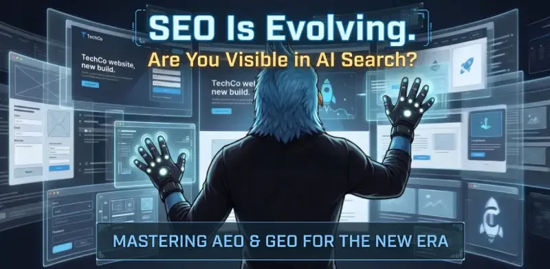SEO vs AEO vs GEO: The Evolution of Search Strategy NateBal.com blue phoenix character with back to us wearing haptic touch gloves, interacting with interactive 3D futuristic holographic web browser screens and AI interfaces. Top text overlays read 'SEO Is Evolving. Are You Visible in AI Search?' and 'MASTERING AEO & GEO FOR THE NEW ERA', symbolizing the transition from traditional search engine optimization to Answer Engine Optimization and Generative Engine Optimization.