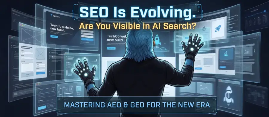 NateBal.com blue phoenix character with back to us wearing haptic touch gloves, interacting with interactive 3D futuristic holographic web browser screens and AI interfaces. Top text overlays read 'SEO Is Evolving. Are You Visible in AI Search?' and 'MASTERING AEO & GEO FOR THE NEW ERA', symbolizing the transition from traditional search engine optimization to Answer Engine Optimization and Generative Engine Optimization.