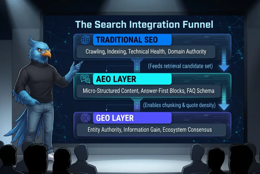 SEO vs AEO vs GEO: The Evolution of Search Strategy The Search Integration Funnel diagram illustrating how Traditional SEO (crawling, indexing, domain authority) feeds the AEO Layer (micro-structured answer blocks, schema) and the GEO Layer (entity authority, information gain, ecosystem consensus).
