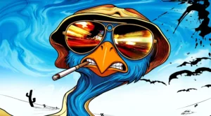 Illustration of Phoenix S. Thompson in a desert bat country hallucination representing the panic of a sudden spike in 404 errors search console.